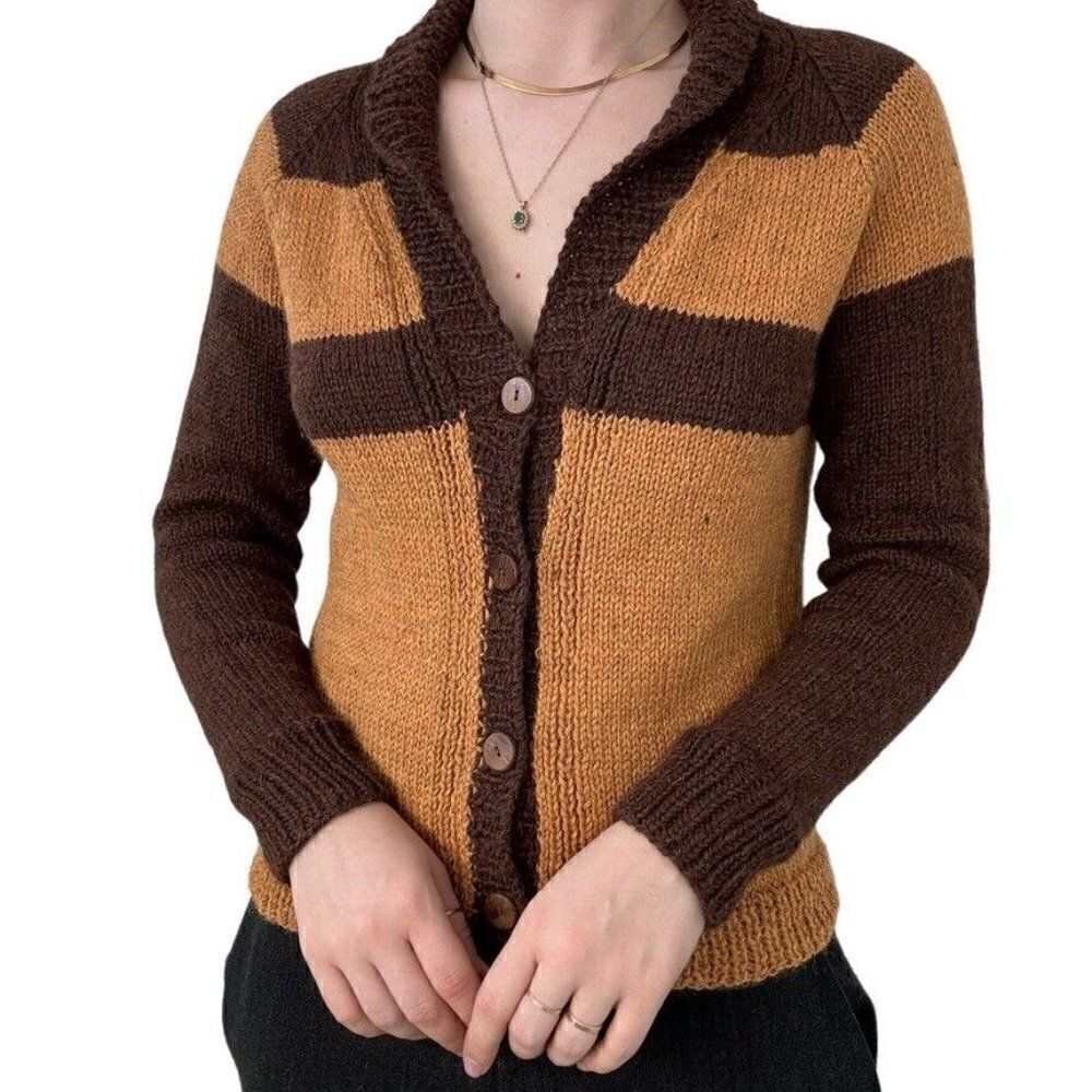 Vintage Womens Preppy Hand Knit 100% Alpaca Soft Yellow Brown Striped Cardigan S
